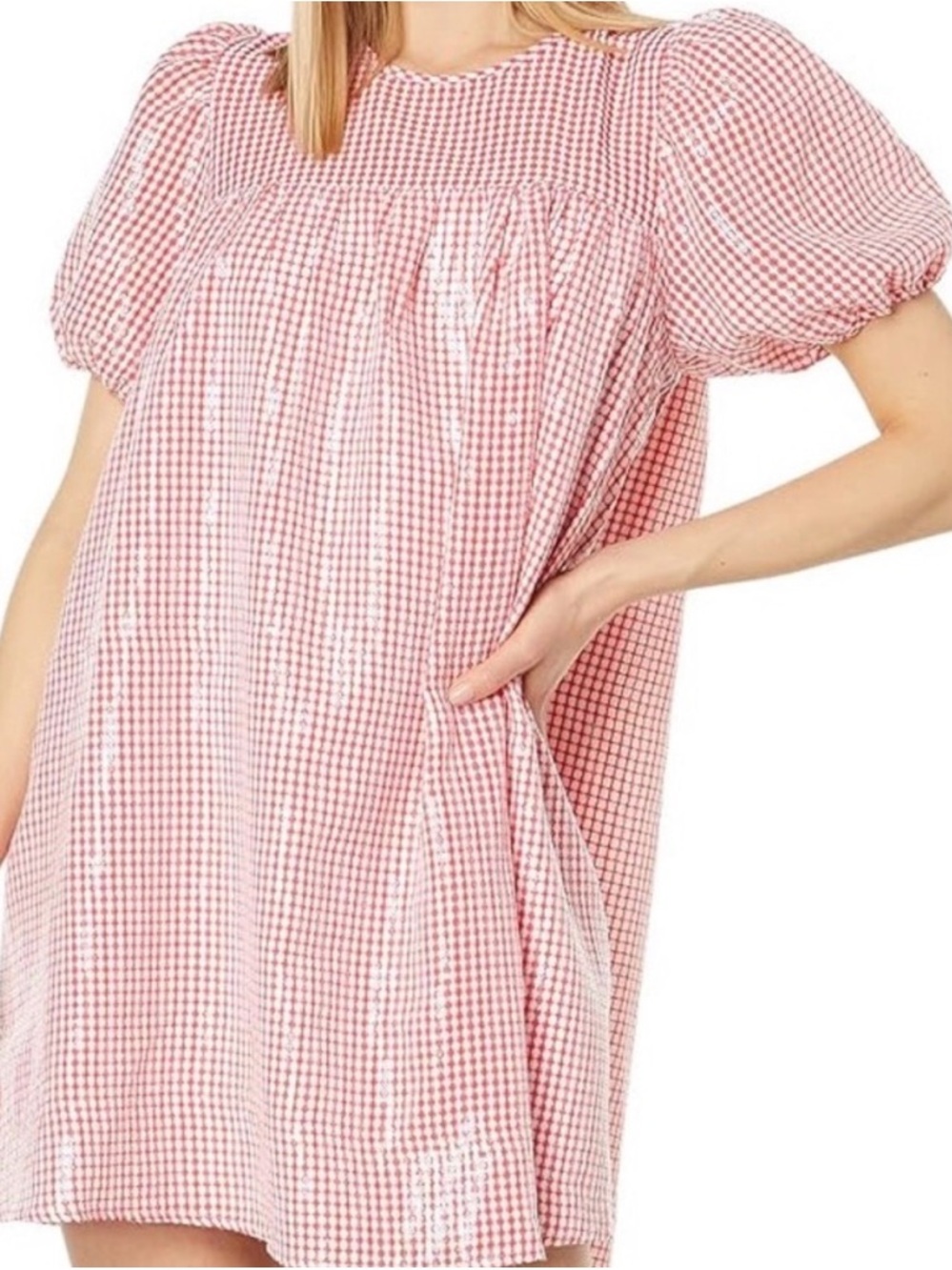 NWT English Factory Red Gingham Puff-Sleeve Mini Dress